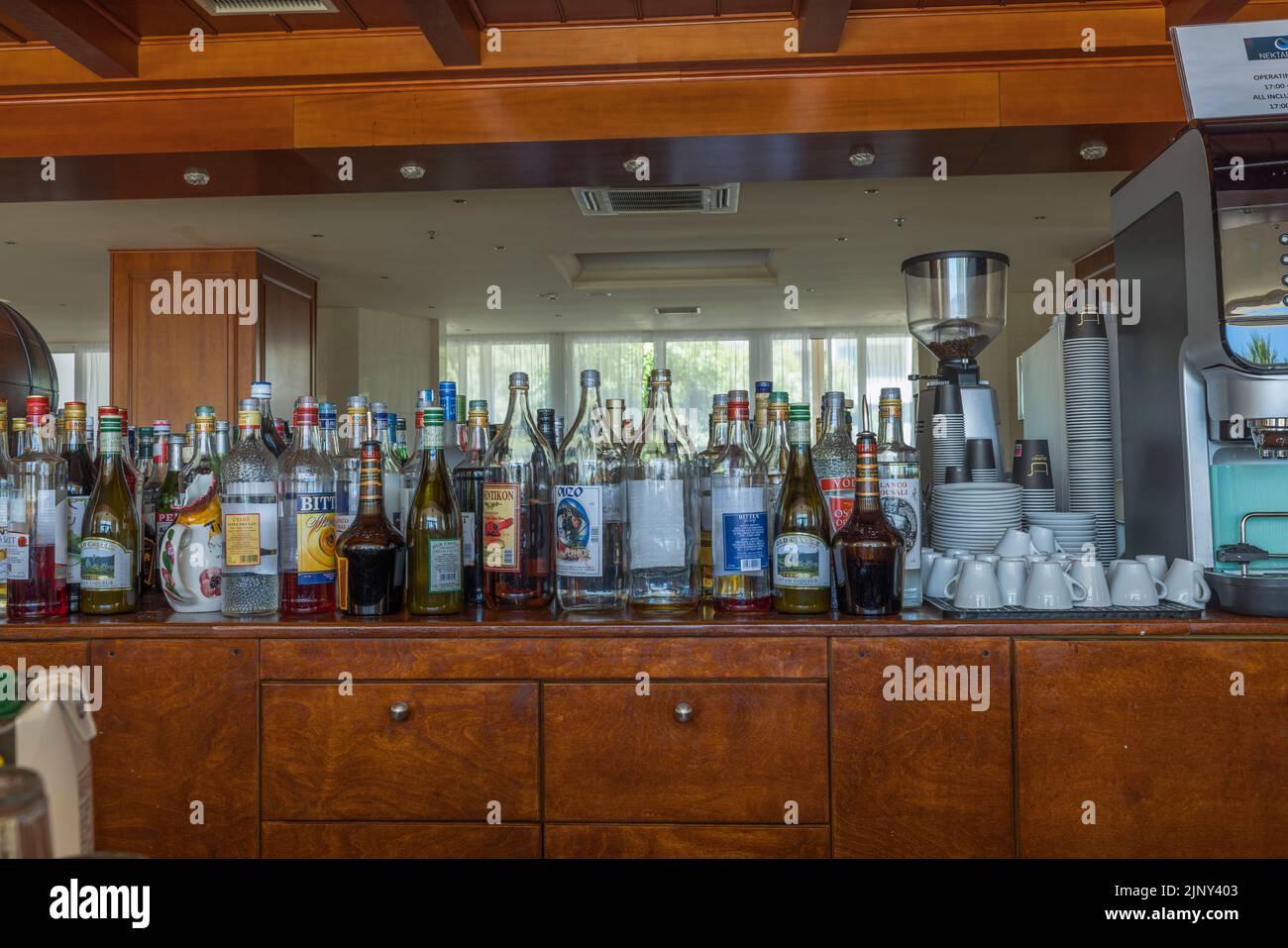 Close up interior view of bar with different sorts of alcohol and