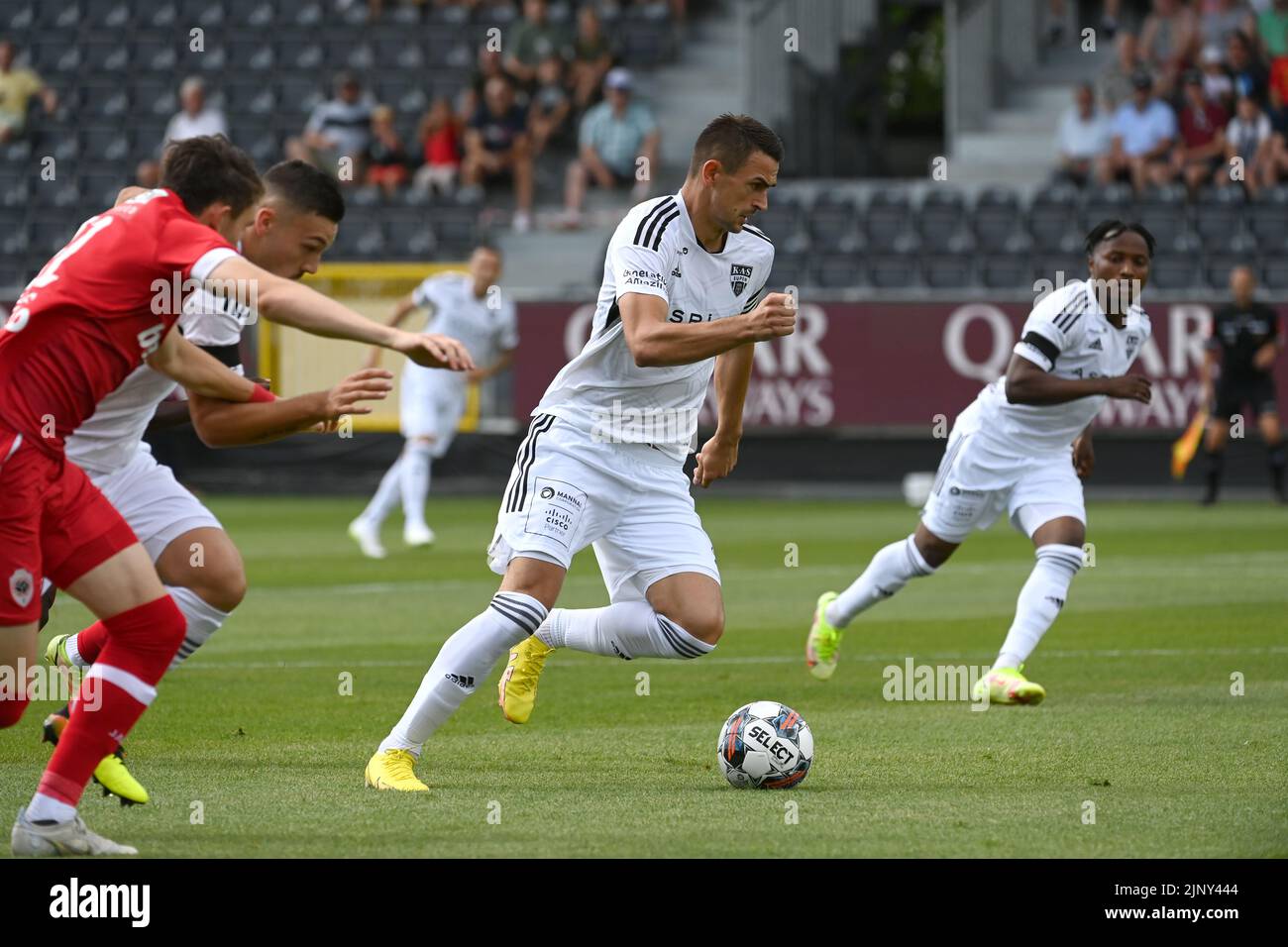 Eupen's Smail Prevljak fights for the ball during a soccer match between KAS Eupen and Royal Antwerp FC RAFC, Sunday 14 August 2022 in Eupen, on day 4 of the 2022-2023 'Jupiler Pro League' first division of the Belgian championship. BELGA PHOTO JOHN THYS Stock Photo