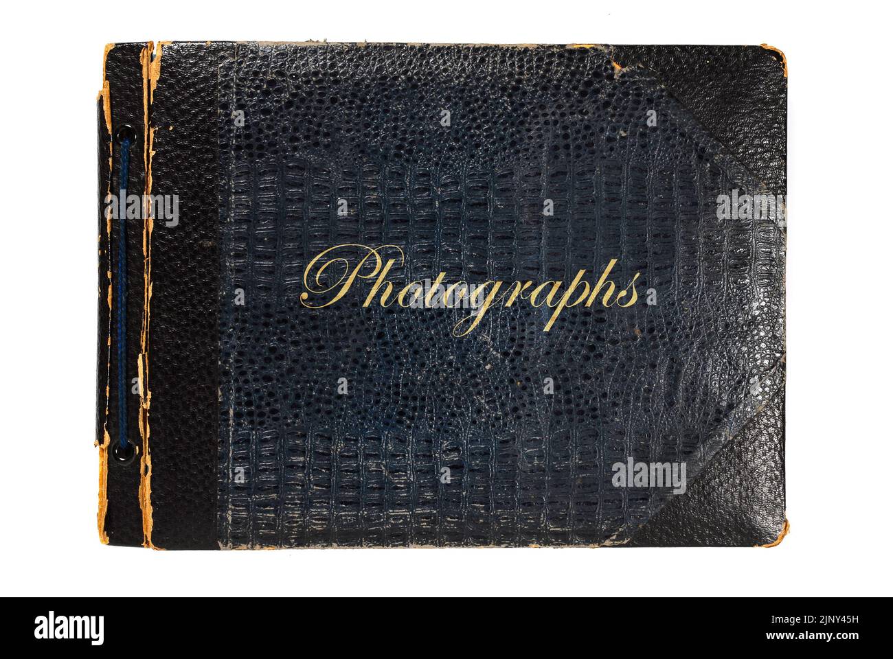 An old retro photograph album cover titled Photographs, isolated on white Stock Photo