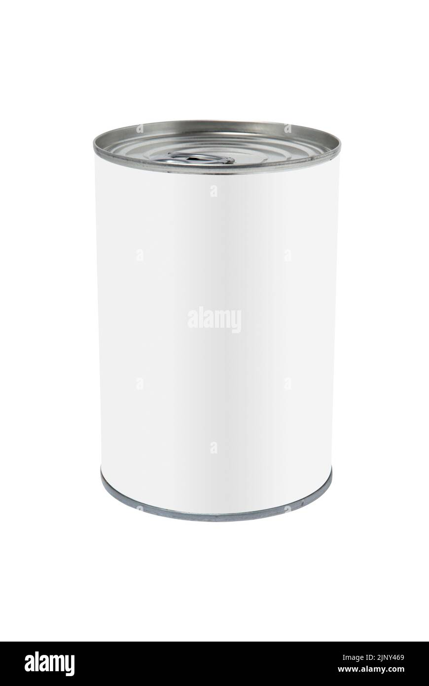Studio shot of a food tin can with plain white label, isolated on white with path Stock Photo