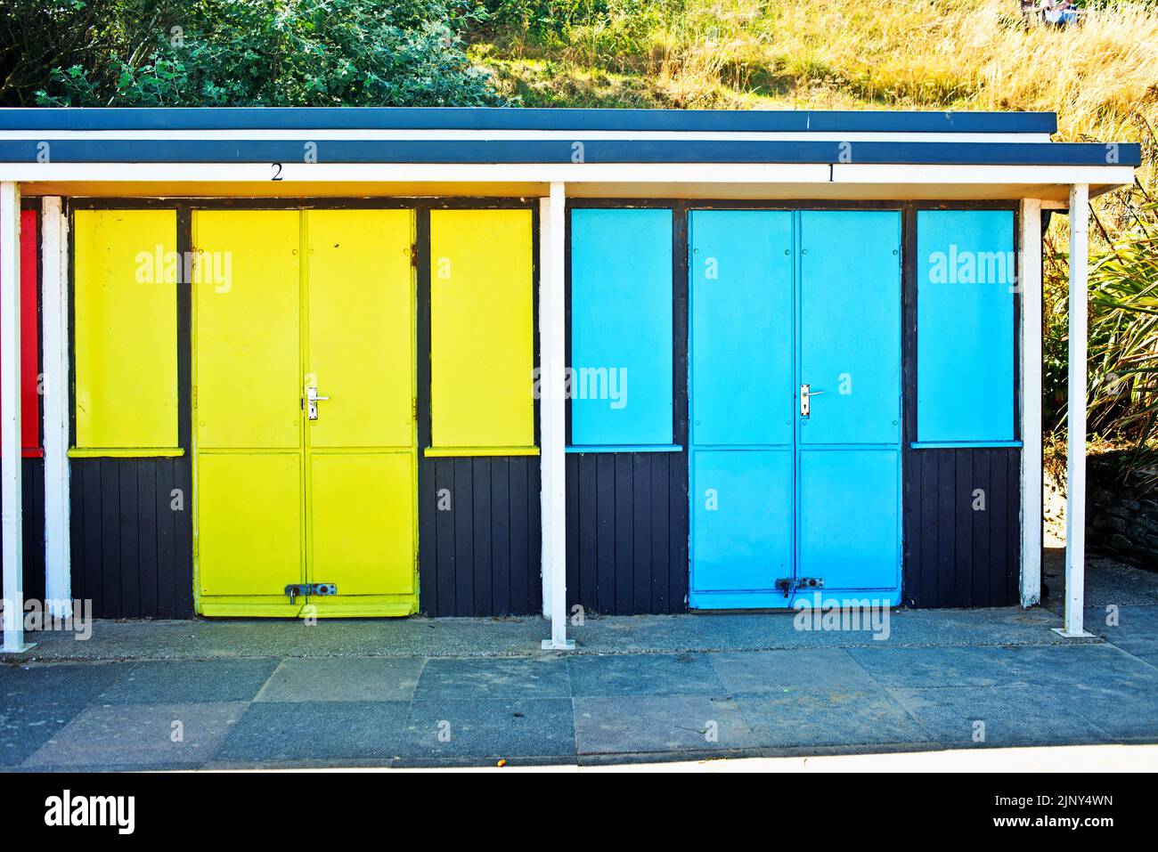 Beach Chalets, seafront, Filey, North Yorkshire, England Stock Photo