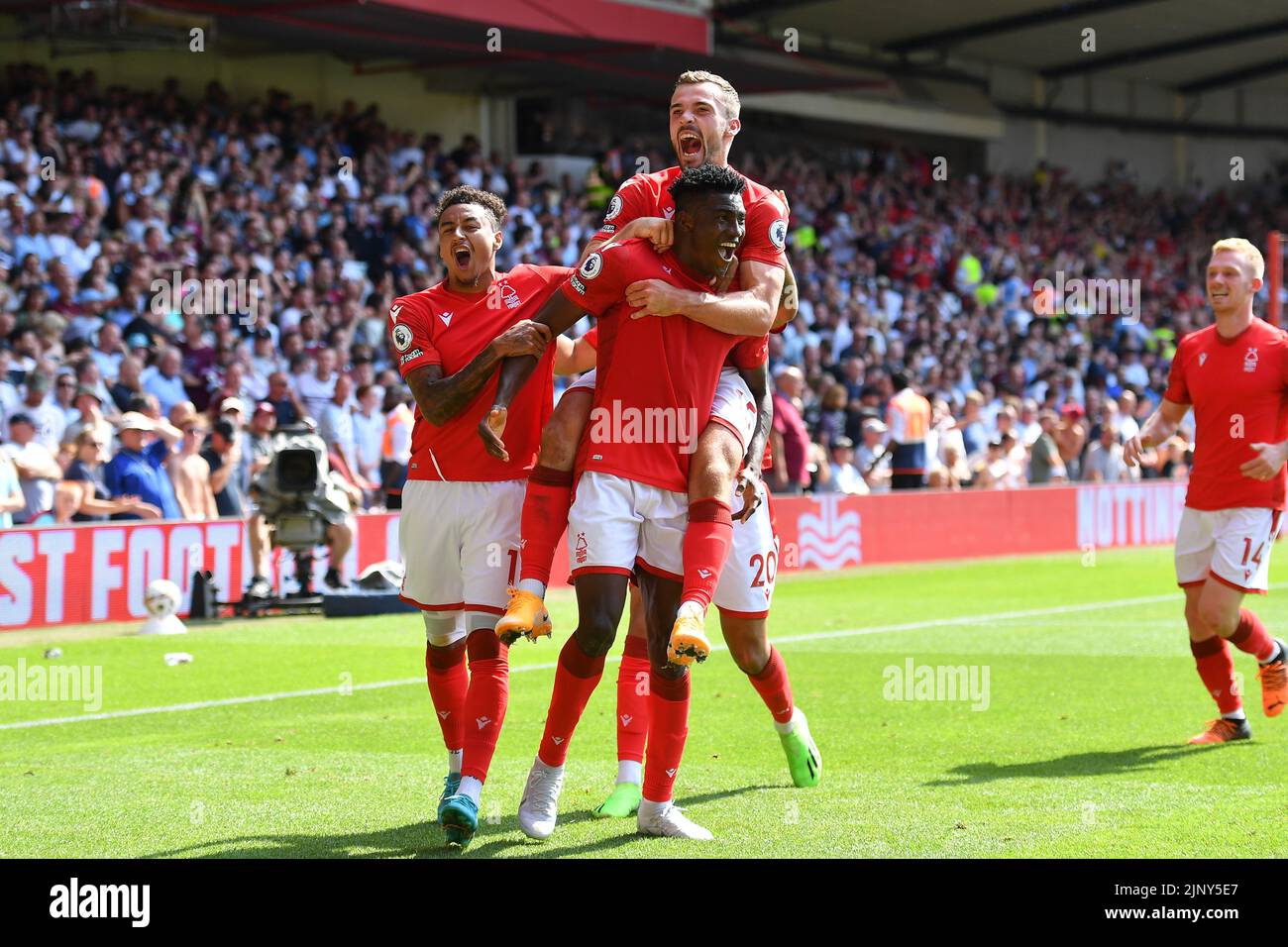 Nottingham, UK. 14th August 2022Taiwo Awoniyi of Nottingham Forest celebrates after scoring a goal to make it 1-0 during the Premier League match between Nottingham Forest and West Ham United at the City Ground, Nottingham on Sunday 14th August 2022. (Credit: Jon Hobley | MI News) Credit: MI News & Sport /Alamy Live News Stock Photo