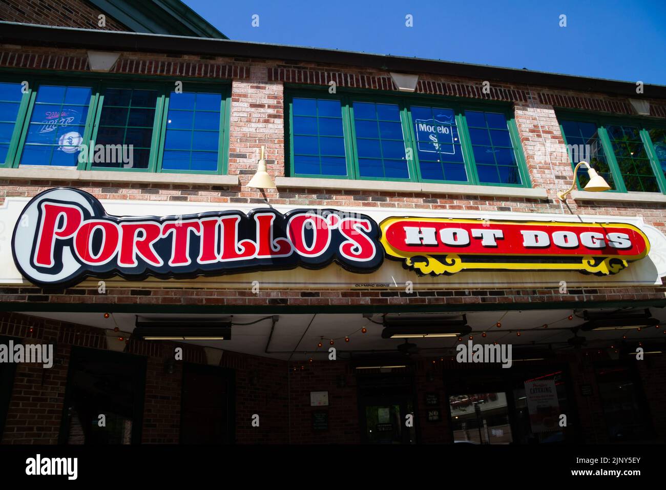 Chicago, IL, USA May 13 2022: Portillo's Hot Dogs Restaurant sign in downtown Chicago River North. This restaurant is a well known chain with over 70 Stock Photo