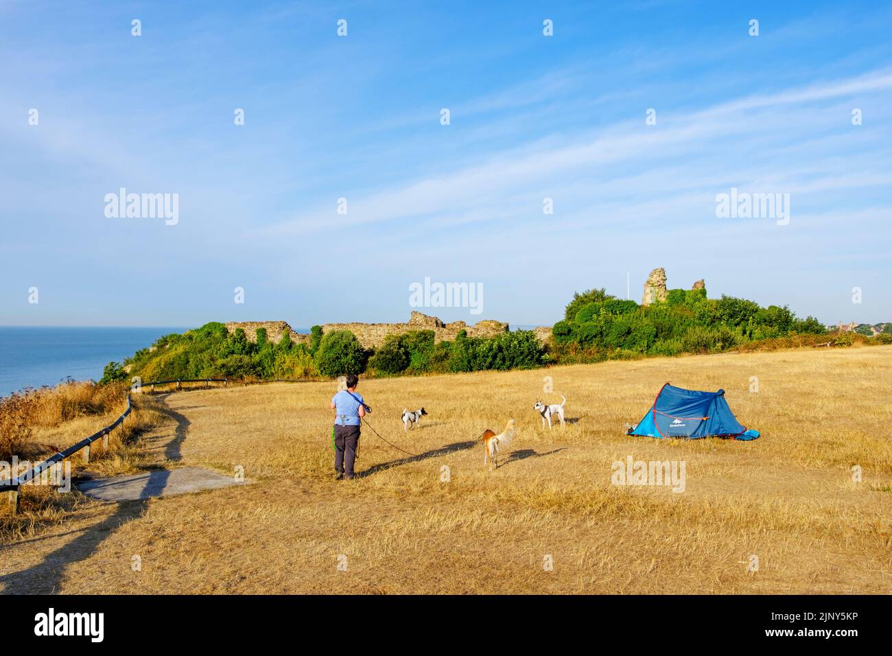 Hastings, East Sussex, UK. Wild camper overnight at Ladies' Parlour, by the castle and woman walking her dogs Stock Photo