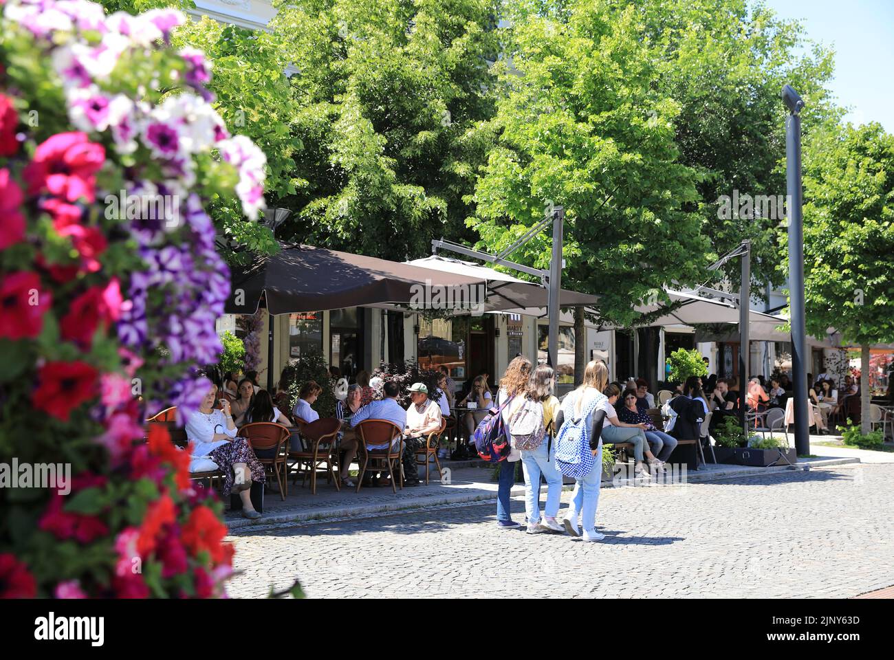 Pretty cafes on Piata Unirii, the Union Square in ClujNapoca, the