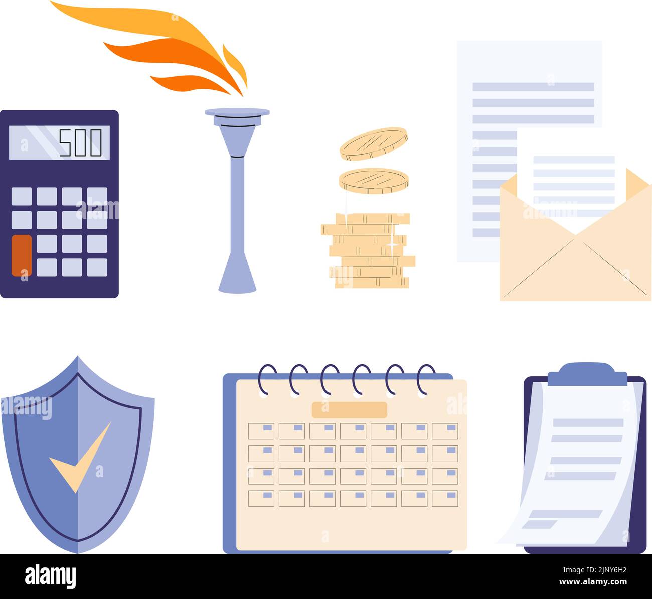 Financial business elements. Calculator, burning torch, money coins, mail with report and daily monthly planner flat vector icons Stock Vector