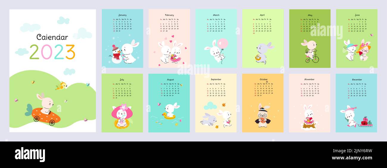Wall calendar 2023 with cute rabbits. Kid animals print design, 12