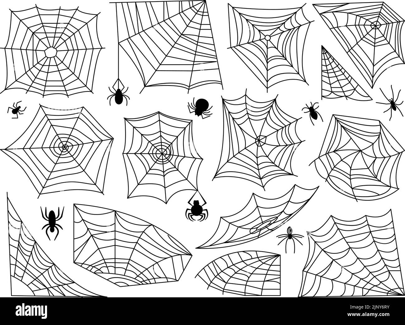 Isolated spider web and spiders black set. Halloween graphics, cobweb corners and full nets. Tattoo or border design, decent vector clipart Stock Vector