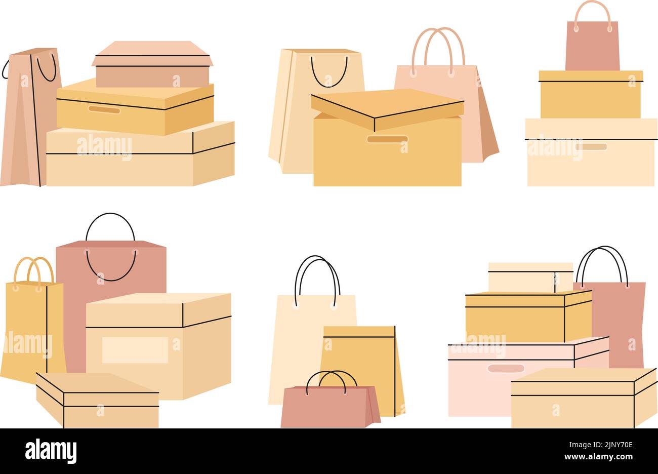 Craft sale shopping bags and boxes. Bag composition, store gift packaging. Shoes paper box, various shop or store purchase or decent parcel vector set Stock Vector