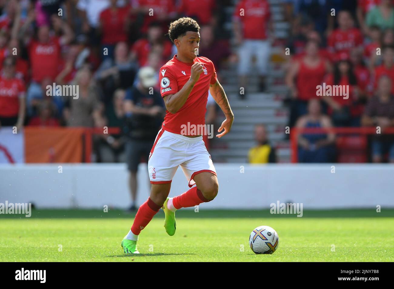 Nottingham, UK. 14th August 2022Brennan Johnson of Nottingham Forest in action during the Premier League match between Nottingham Forest and West Ham United at the City Ground, Nottingham on Sunday 14th August 2022. (Credit: Jon Hobley | MI News) Credit: MI News & Sport /Alamy Live News Stock Photo