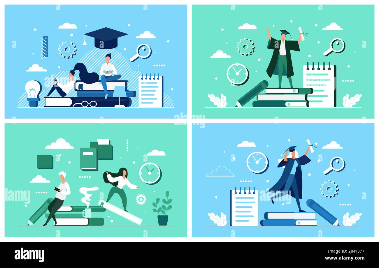 Education, coaching, growth and improvement of skills set. Tiny characters celebrate diploma and end of training process, learn and read books flat vector illustration. Knowledge, scholarship concept Stock Vector