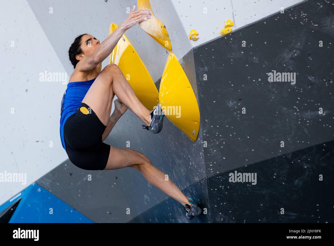 Munich, Germany. 14th Aug, 2022. Munich, Germany, August 14th 2022: Fanny Gibert (FRA) in action during the Sport Climbing Women's Boulder Final at Koenigsplatz at the Munich 2022 European Championships in Munich, Germany (Liam Asman/SPP) Credit: SPP Sport Press Photo. /Alamy Live News Stock Photo
