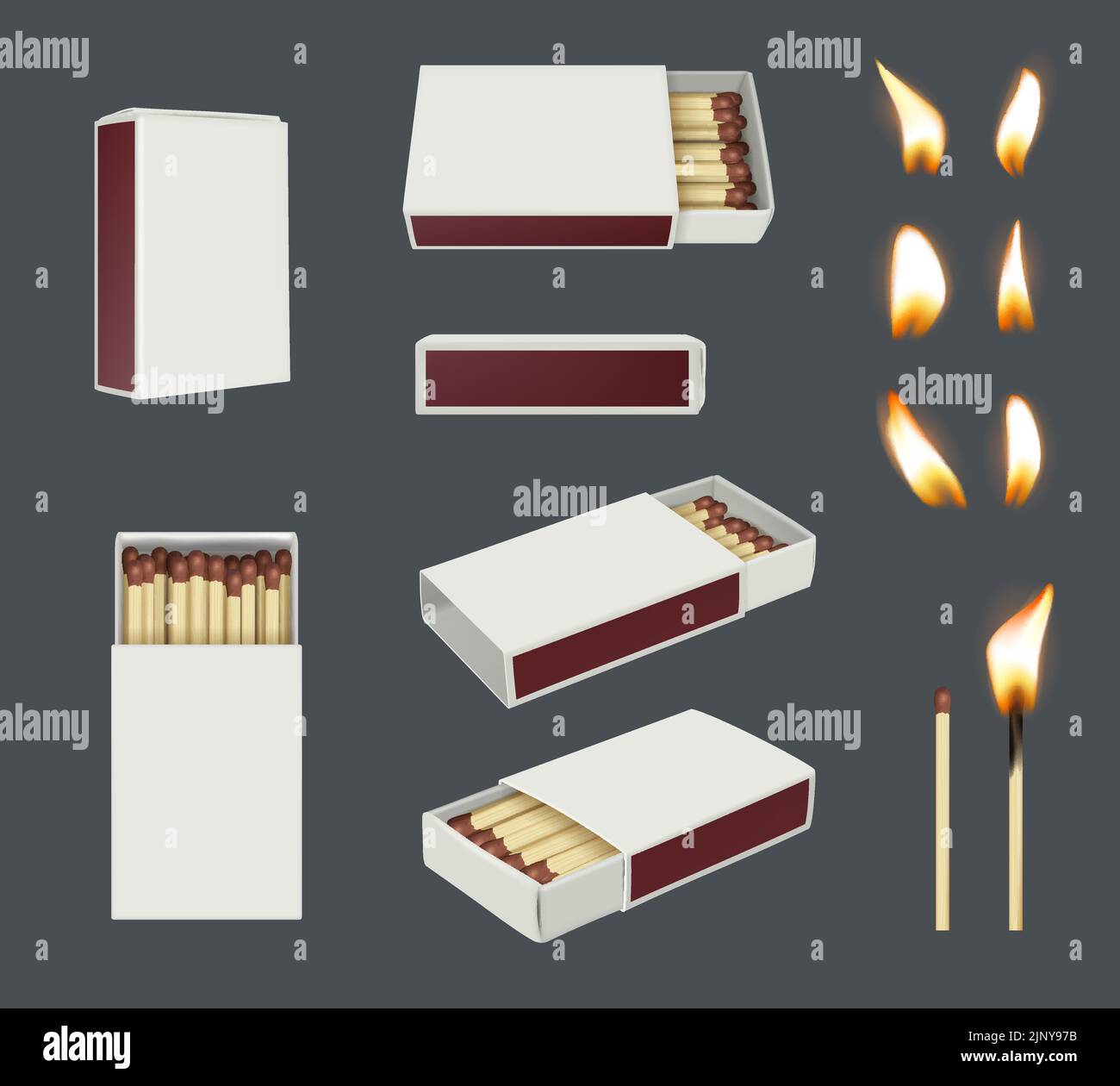 Matches. Flame from wooden stick different points view of containers