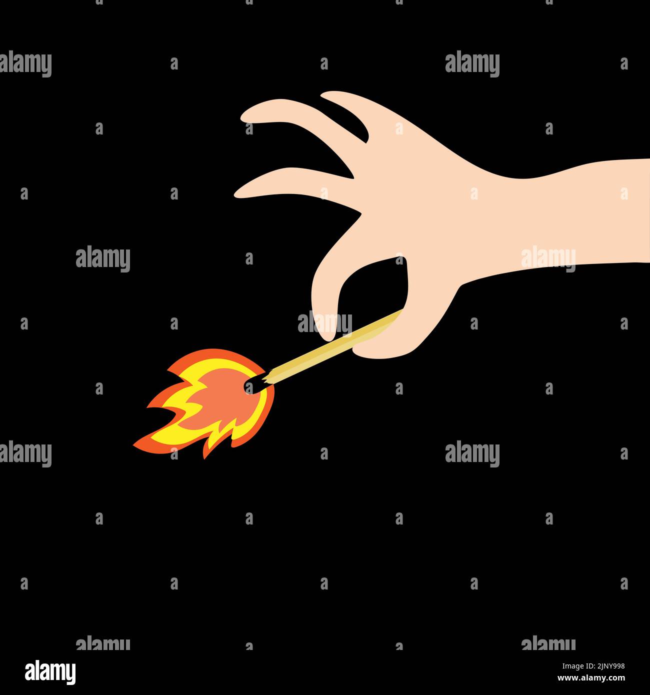 Hand holds a burning match on a black background. Stock Vector