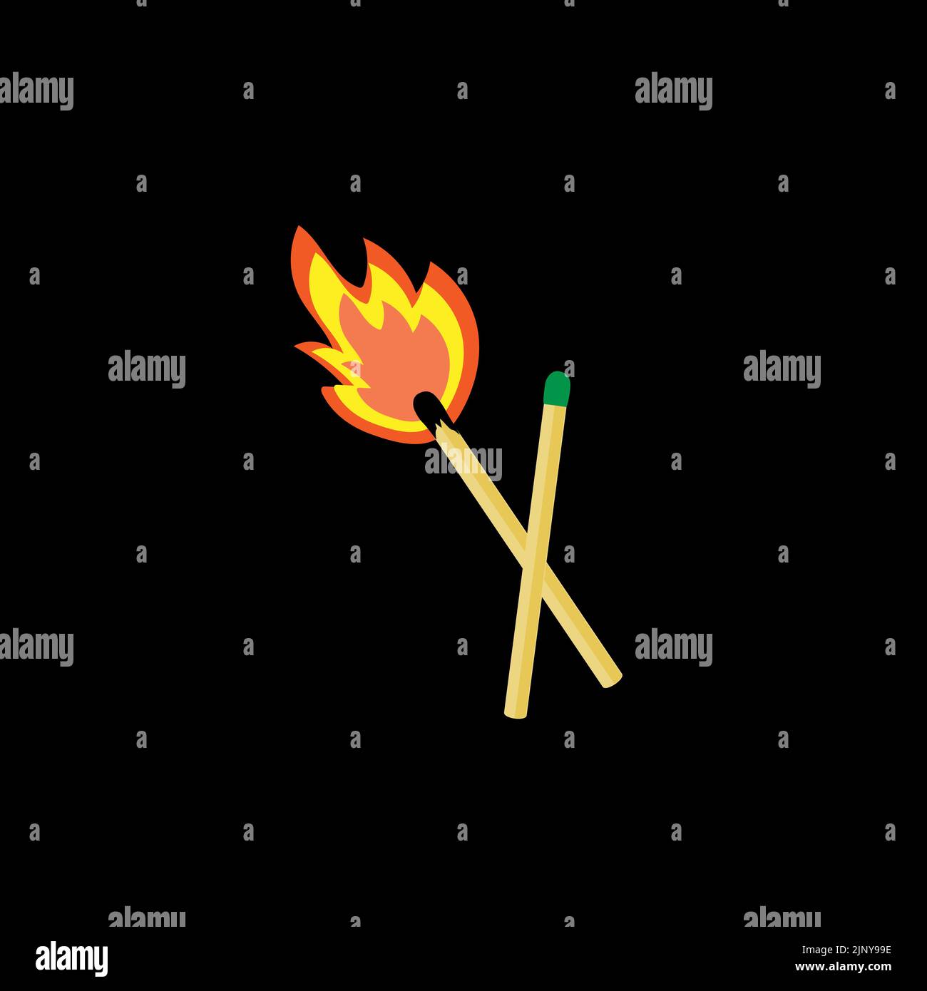 Two matches on a black background, one of which is on fire Stock Vector