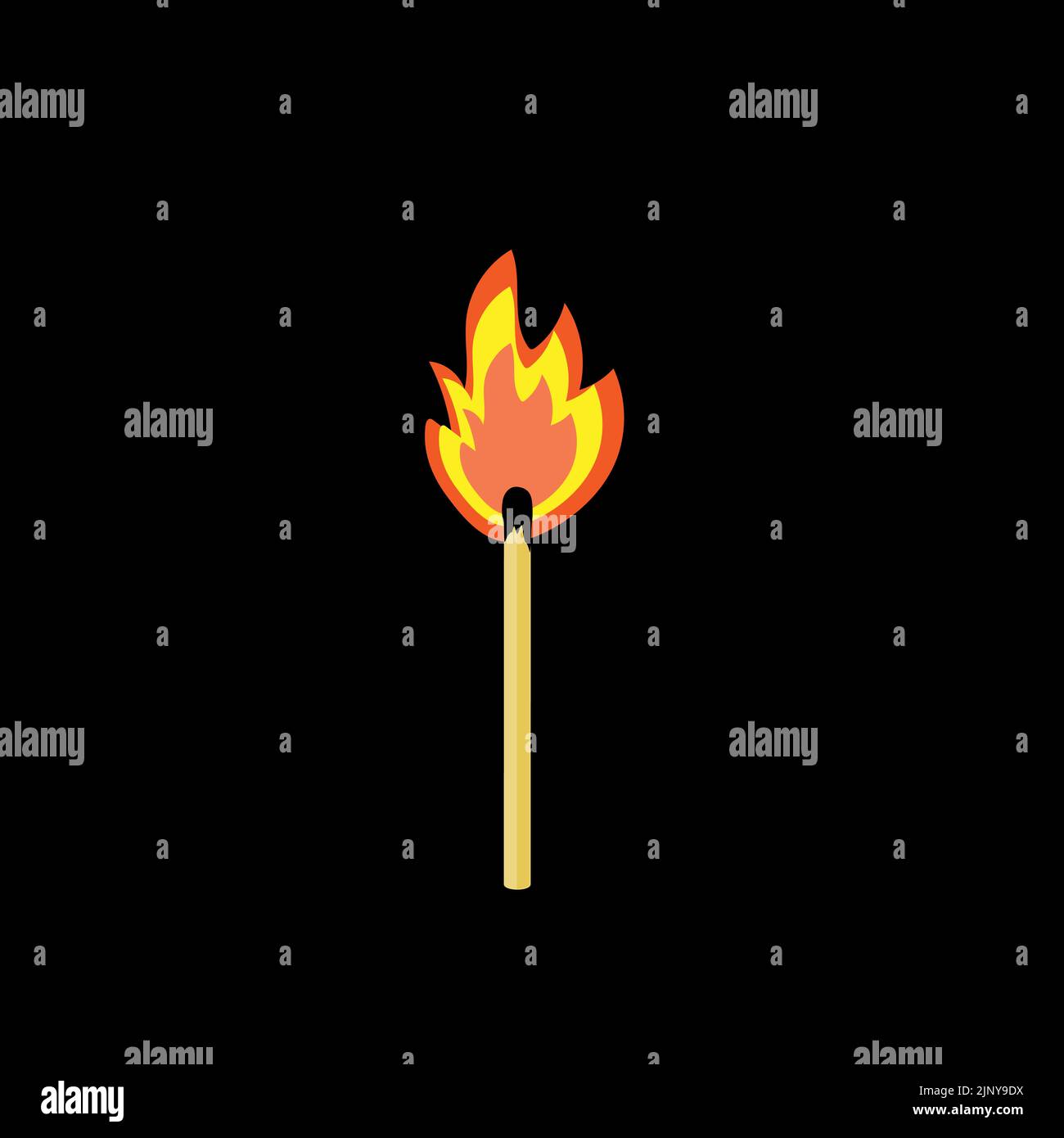 The match burns with a flame on a black background. Stock Vector