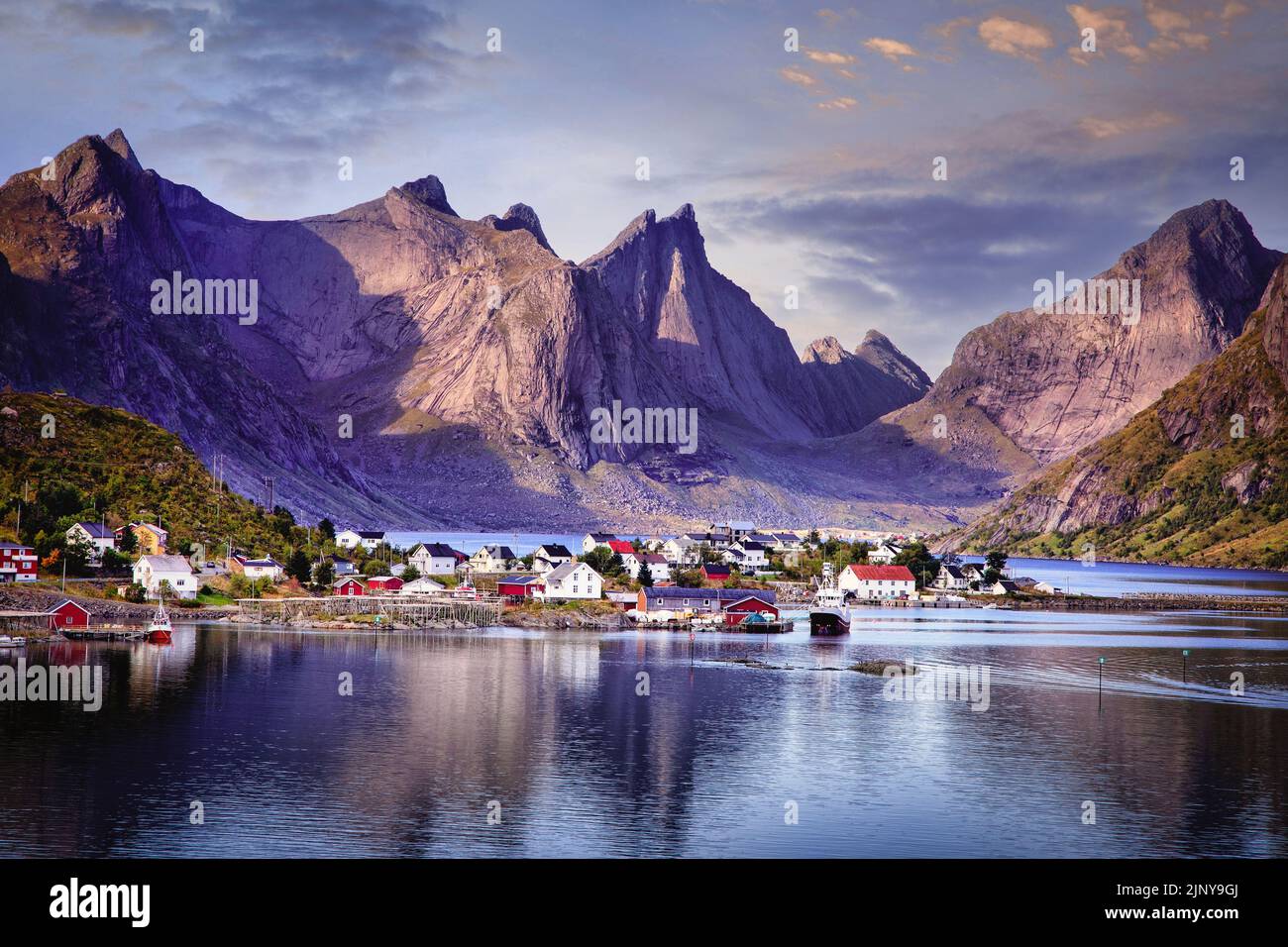 The village of Reine on the coast of Moskenesoya, Lofoten Islands, Norway. Stock Photo