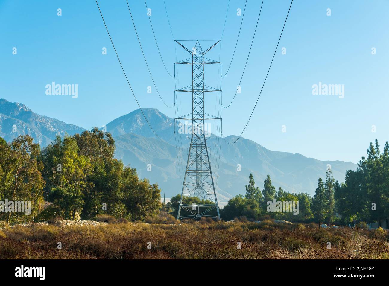 Steel power line tower in San Gabriel Valley. Stock Photo