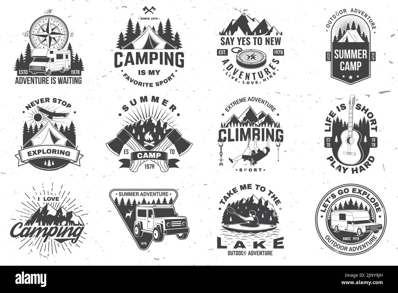 Set of camping badge. Vector. Vintage typography design with man in canoe, guitar, climber, mountain, axe, lake, compass, camper rv , tent and forest Stock Vector