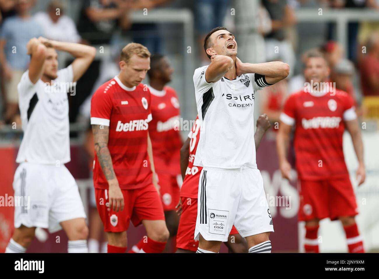 Eupen's Smail Prevljak reacts during a soccer match between KAS Eupen and Royal Antwerp FC RAFC, Sunday 14 August 2022 in Eupen, on day 4 of the 2022-2023 'Jupiler Pro League' first division of the Belgian championship. BELGA PHOTO BRUNO FAHY Stock Photo