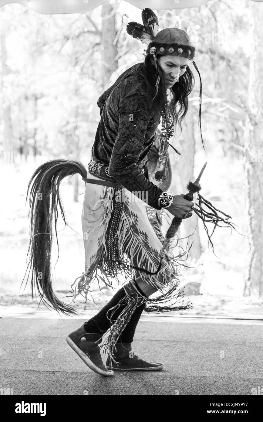 Clayson Benally dancing and chanting at the 70th Annual Navajo Festival of Arts & Culture in Flagstaff, Arizona, USA. Stock Photo
