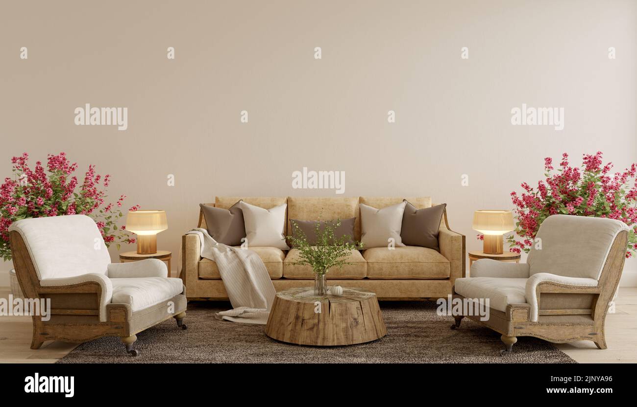 Vintage retro style living room. Classic home interior design. 3d