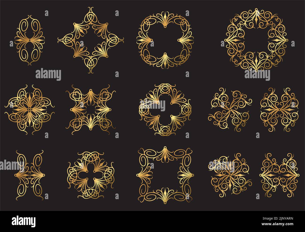 A set of vintage vector gold gothic floral decorative icons. Stock Vector