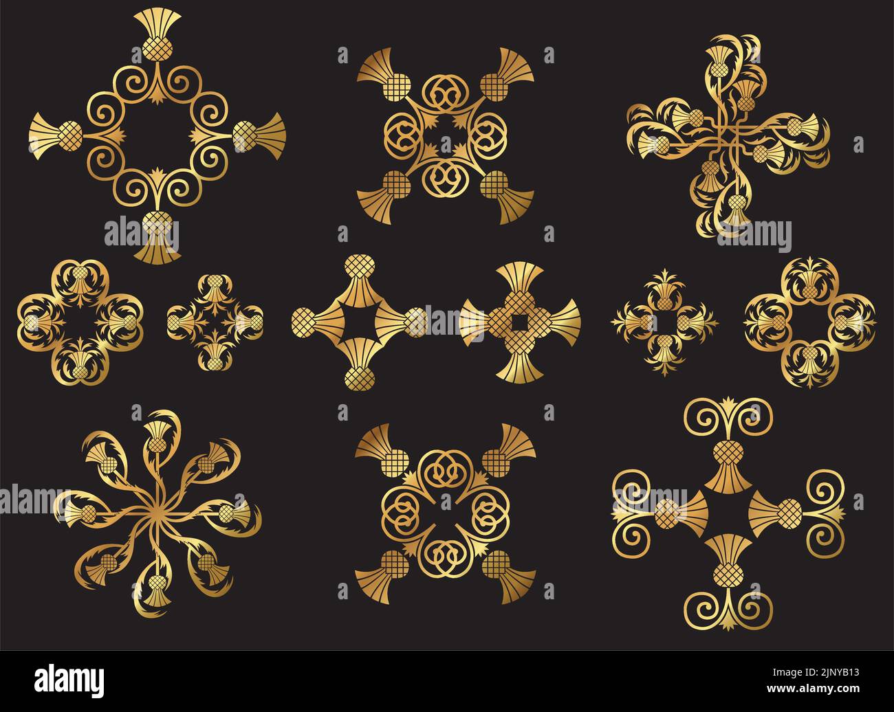 A set of vintage vector gold floral decorative ornamental icons. Stock Vector