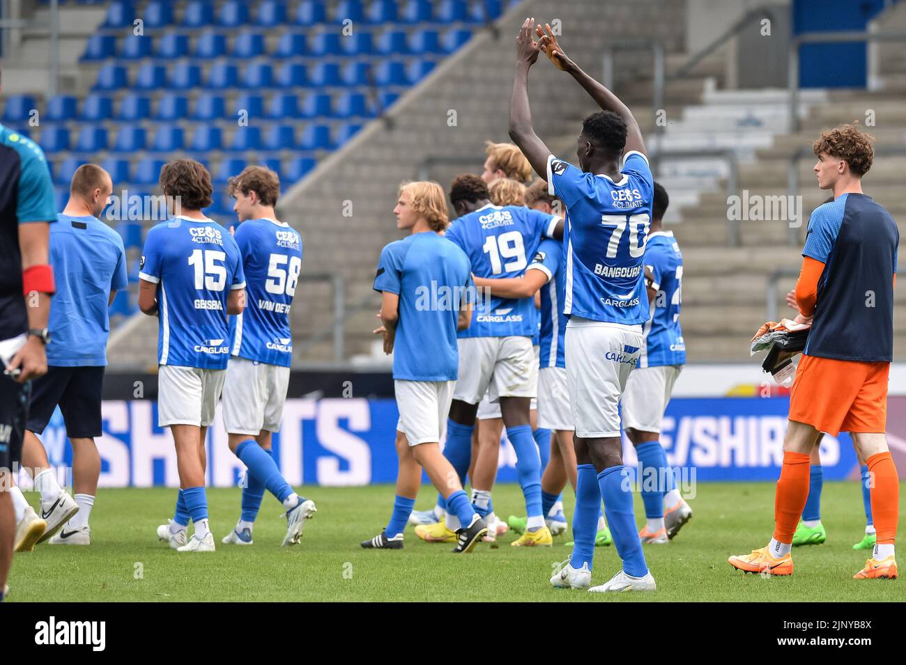 Jong Genk's Ibrahima Sory Bangoura celebrates after scoring during a soccer match between Jong Genk and Lierse Kempenzonen, Sunday 14 August 2022 in Genk, on day 1 of the 2022-2023 'Challenger Pro League' second division of the Belgian championship. BELGA PHOTO JILL DELSAUX Stock Photo