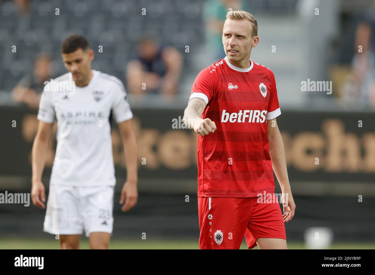 Antwerp's Ritchie De Laet celebrates after a soccer match between KAS Eupen and Royal Antwerp FC RAFC, Sunday 14 August 2022 in Eupen, on day 4 of the 2022-2023 'Jupiler Pro League' first division of the Belgian championship. BELGA PHOTO BRUNO FAHY Stock Photo