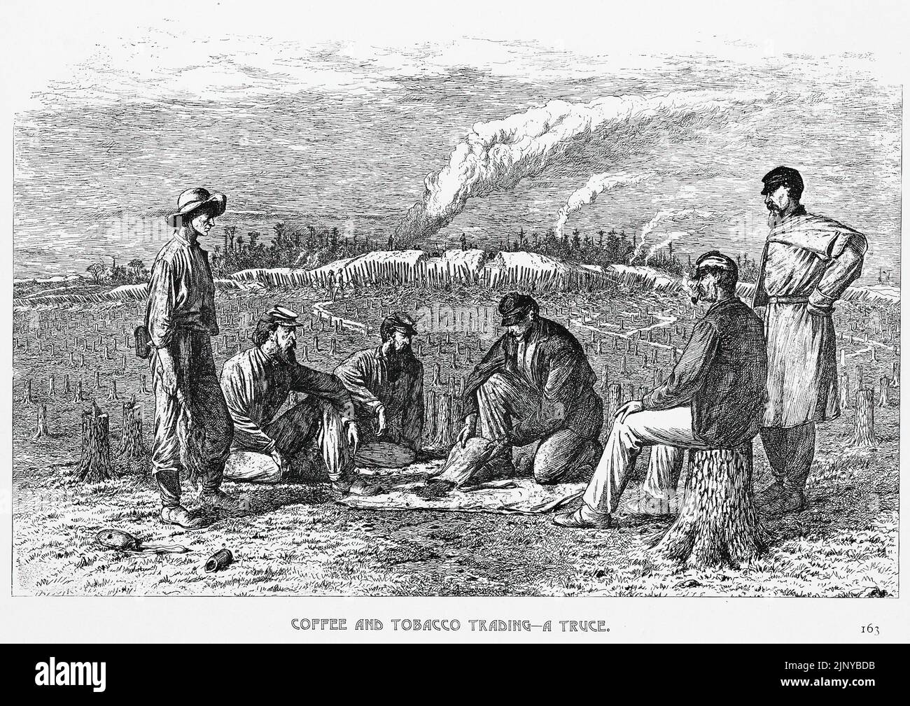Coffee and Tobacco Trading - A Truce. Union and Confederate soldiers trading  goods. 19th century American Civil War illustration by Edwin Forbes Stock  Photo