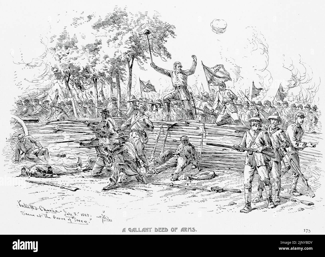 A Gallant Deed of Arms - Pickett's Charge, July 3rd, 1863, Scene of the Grove of Trees. Battle of Gettysburg. 19th century American Civil War illustration by Edwin Forbes Stock Photo