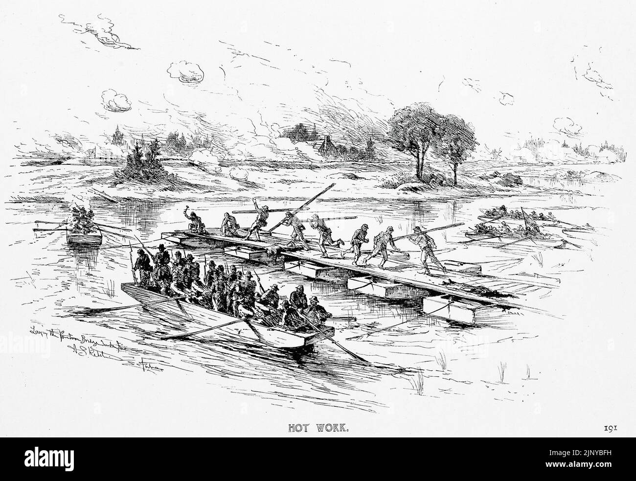 Hot Work - Laying the Pontoon Bridge. 19th century American Civil War illustration by Edwin Forbes Stock Photo