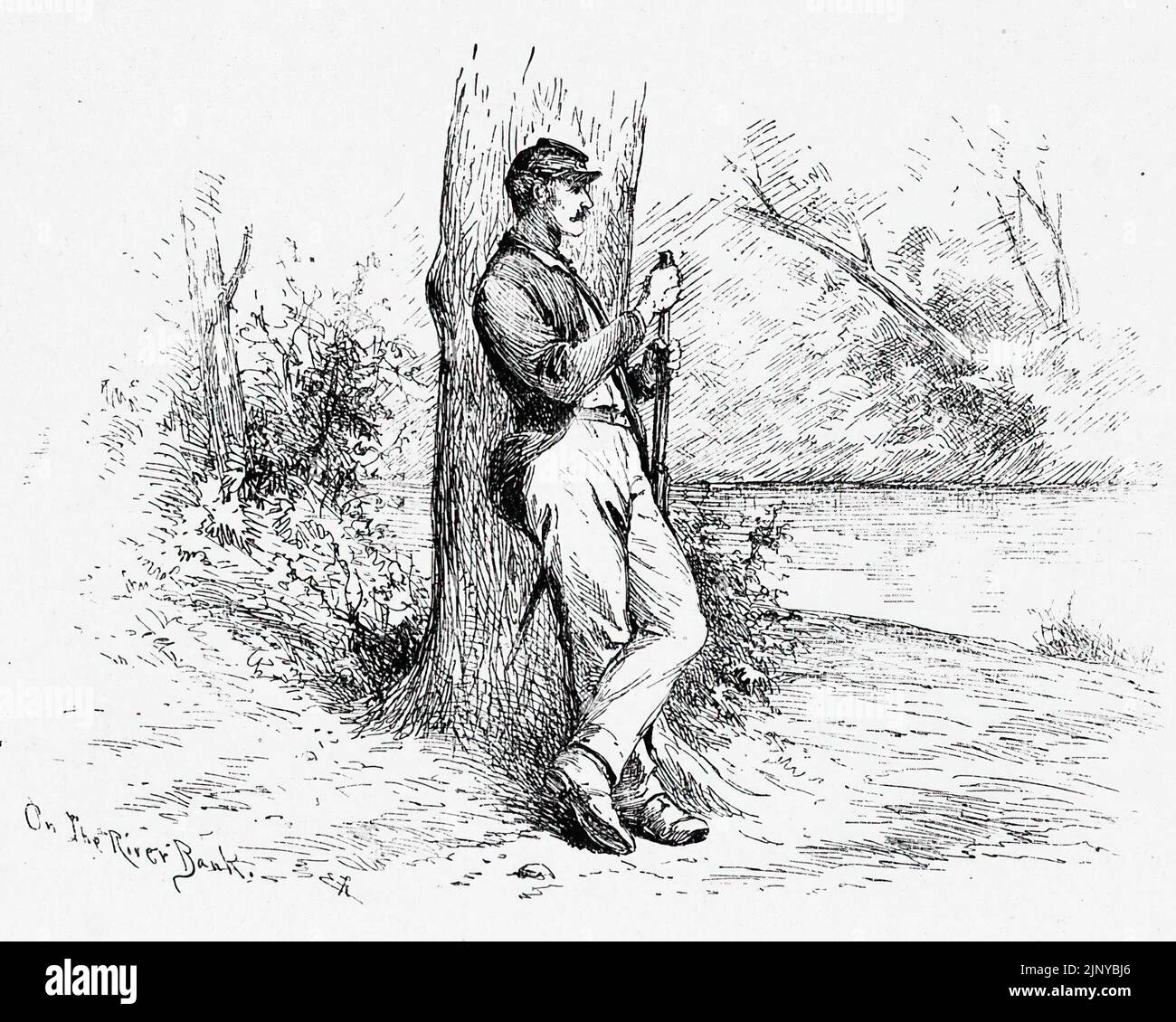 On the River Bank. Union Army picket line. 19th century American Civil War illustration by Edwin Forbes Stock Photo