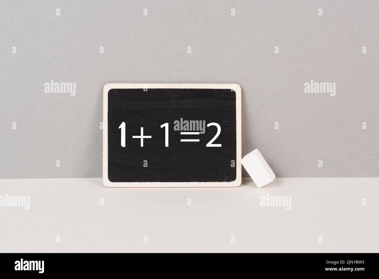 Chalkboard with math equation of the first grade, back to school and education concept Stock Photo
