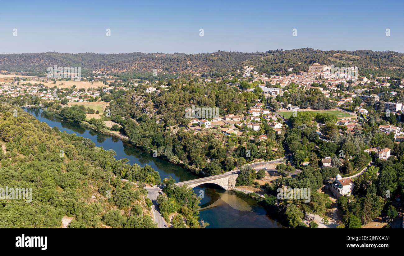Aerial view of Greoux les Bains, with the bridge over the Verdon river. Stock Photo