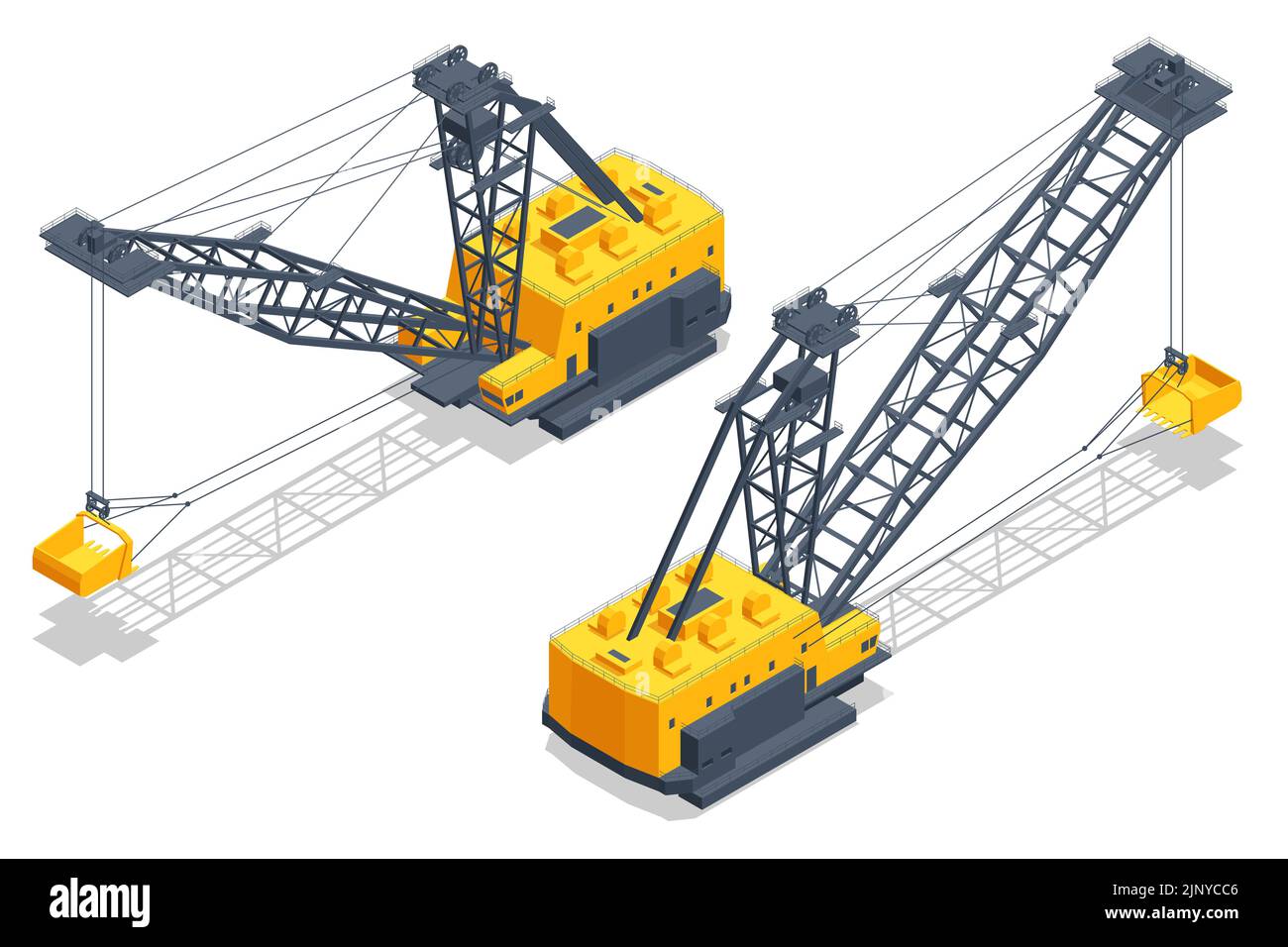 Isometric dragline excavators. A dragline excavator, heavy equipment