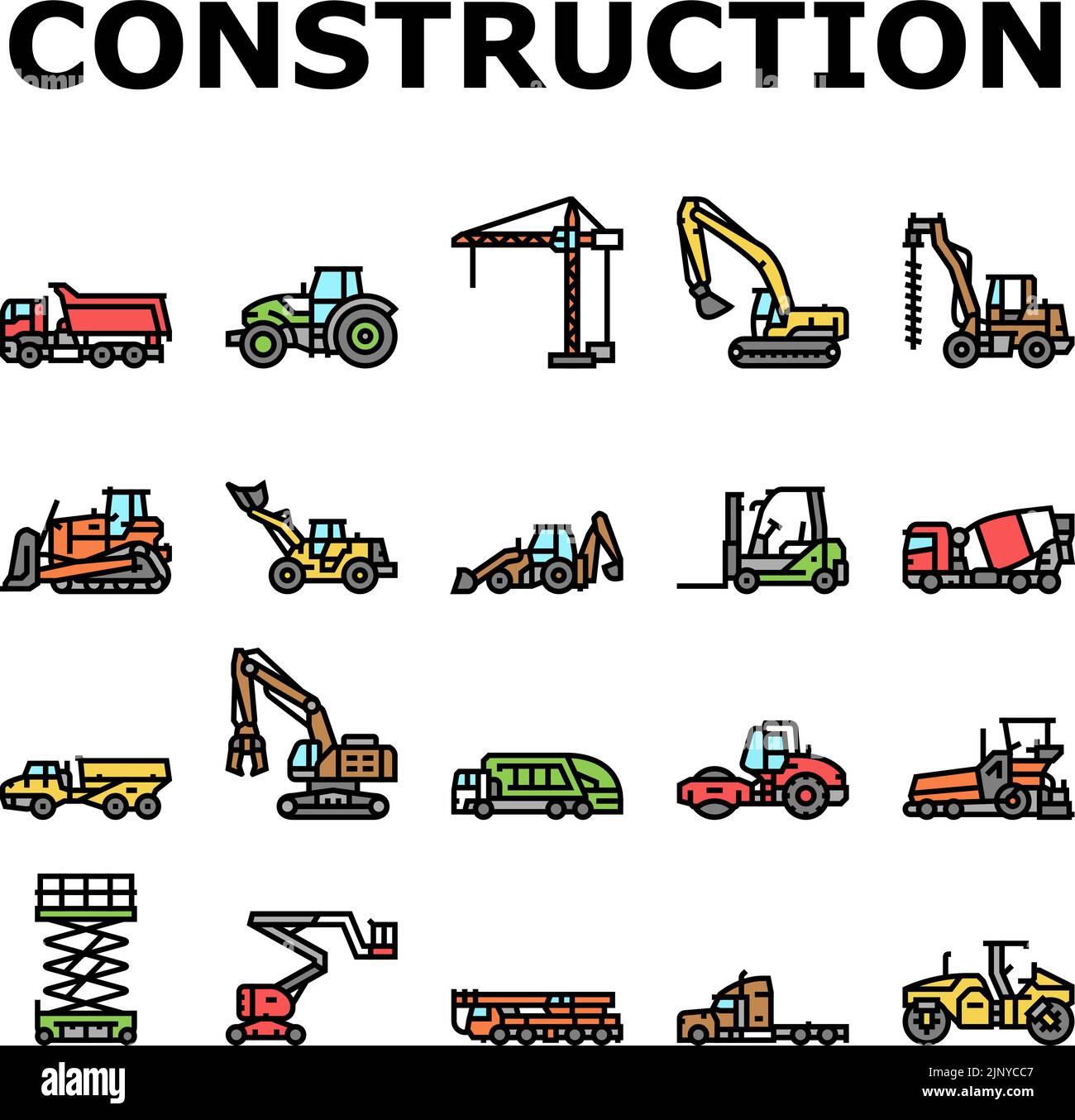 construction car vehicle tractor icons set vector Stock Vector Image ...