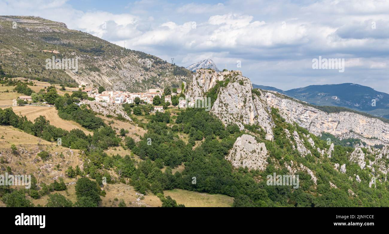 Aerial view of the village of Rougon, in the du Verdon park