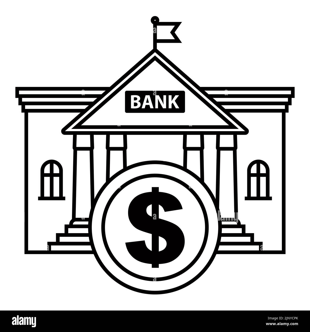 black icon bank building with golden dollar coin. lend money. flat vector illustration. Stock Vector