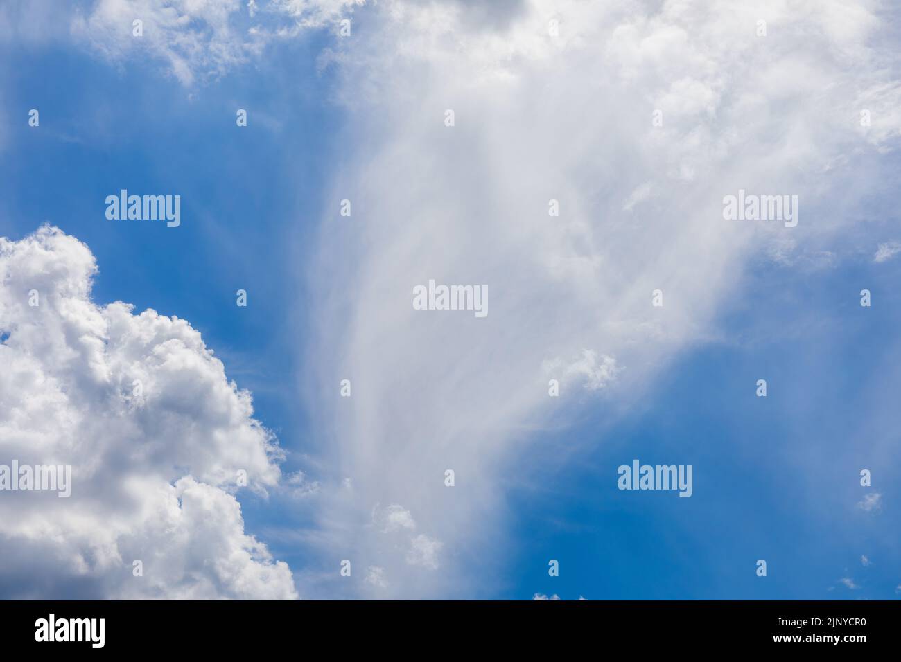 Cloudscape with beautiful white fluffy clouds against a blue sky. Stock Photo