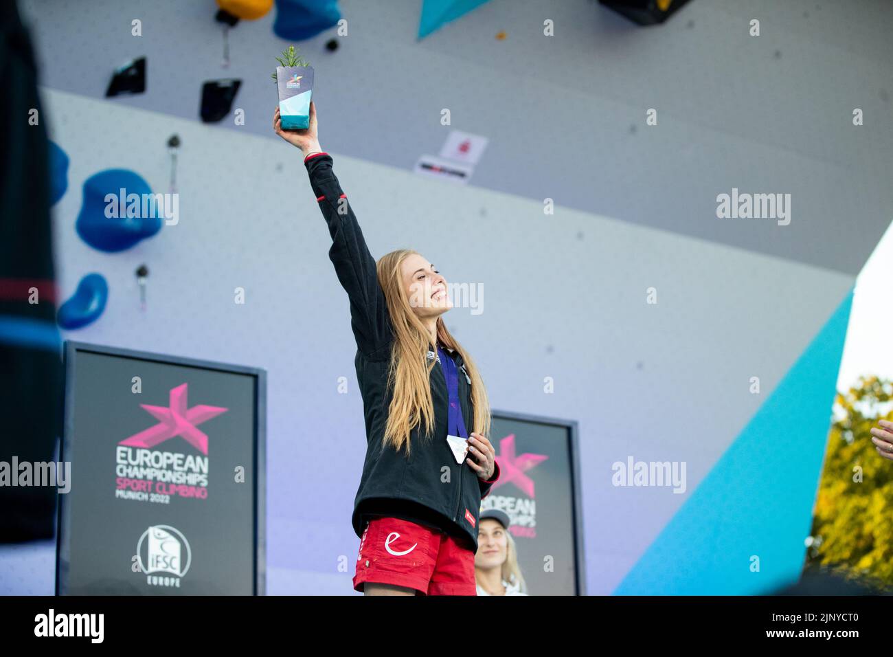 Munich, Germany. 14th Aug, 2022. Munich, Germany, August 14th 2022: Hannah Meul (GER) (silver) during the Sport Climbing Women's Boulder Medal Ceremony at Koenigsplatz at the Munich 2022 European Championships in Munich, Germany (Liam Asman/SPP) Credit: SPP Sport Press Photo. /Alamy Live News Stock Photo
