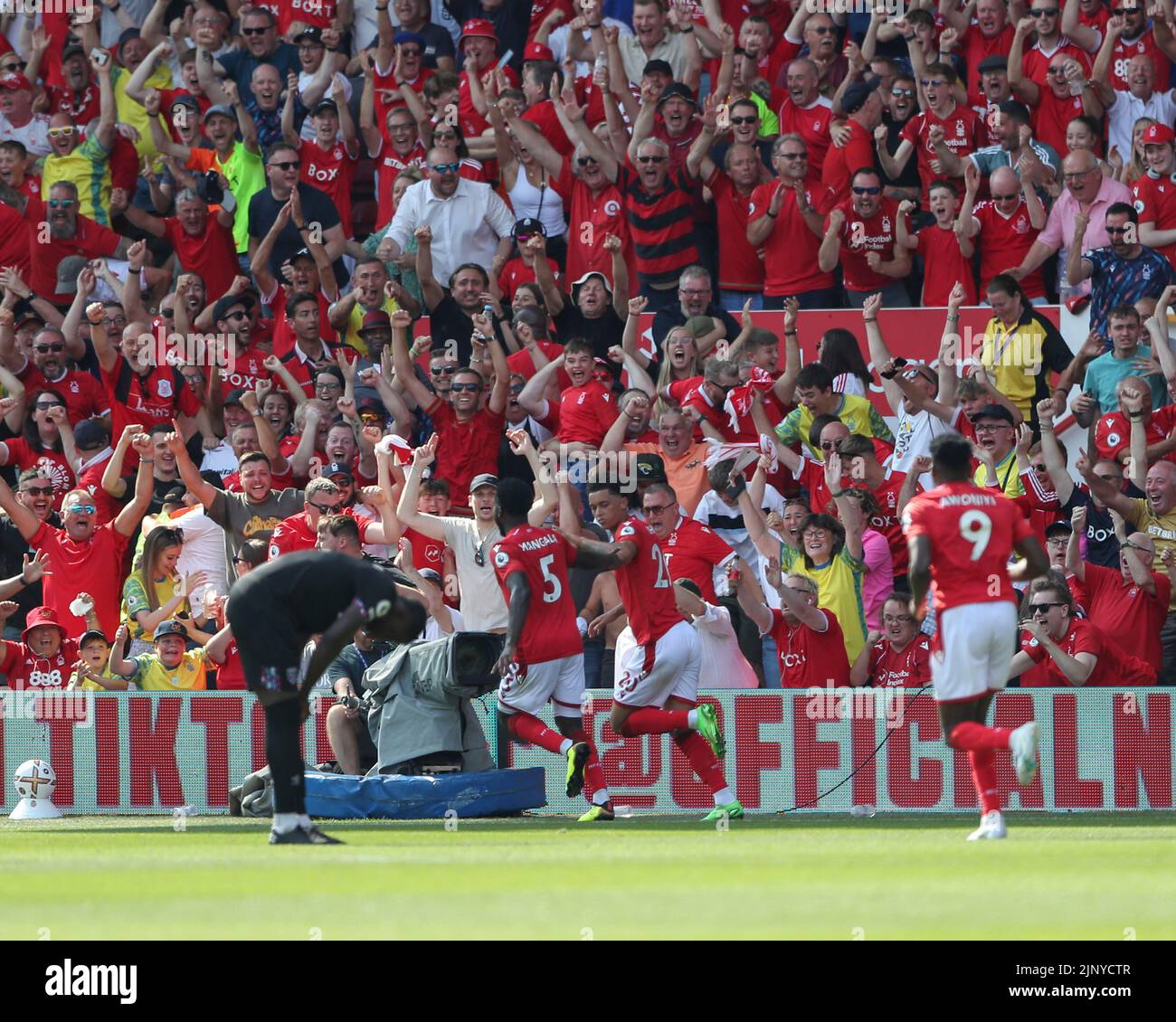 Nottingham, UK. 14th August 2022;  The City Ground, Nottingham, Nottinghamshire, England; Premier League football, Nottingham Forest versus West Ham : Nottingham Forest's Brennan Johnson runs away to celebrate scoring but it was disallowed by VAR Credit: Action Plus Sports Images/Alamy Live News Stock Photo