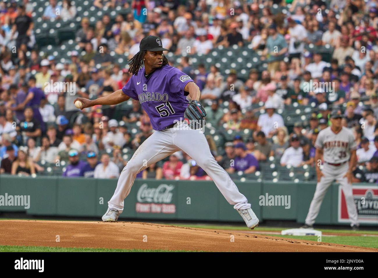 August 13 2022: Colorado pitcher Jose Urena (51) throws a pitch during the game with Arizona Diamondbacks and Colorado Rockies held at Coors Field in Denver Co. David Seelig/Cal Sport Medi Stock Photo