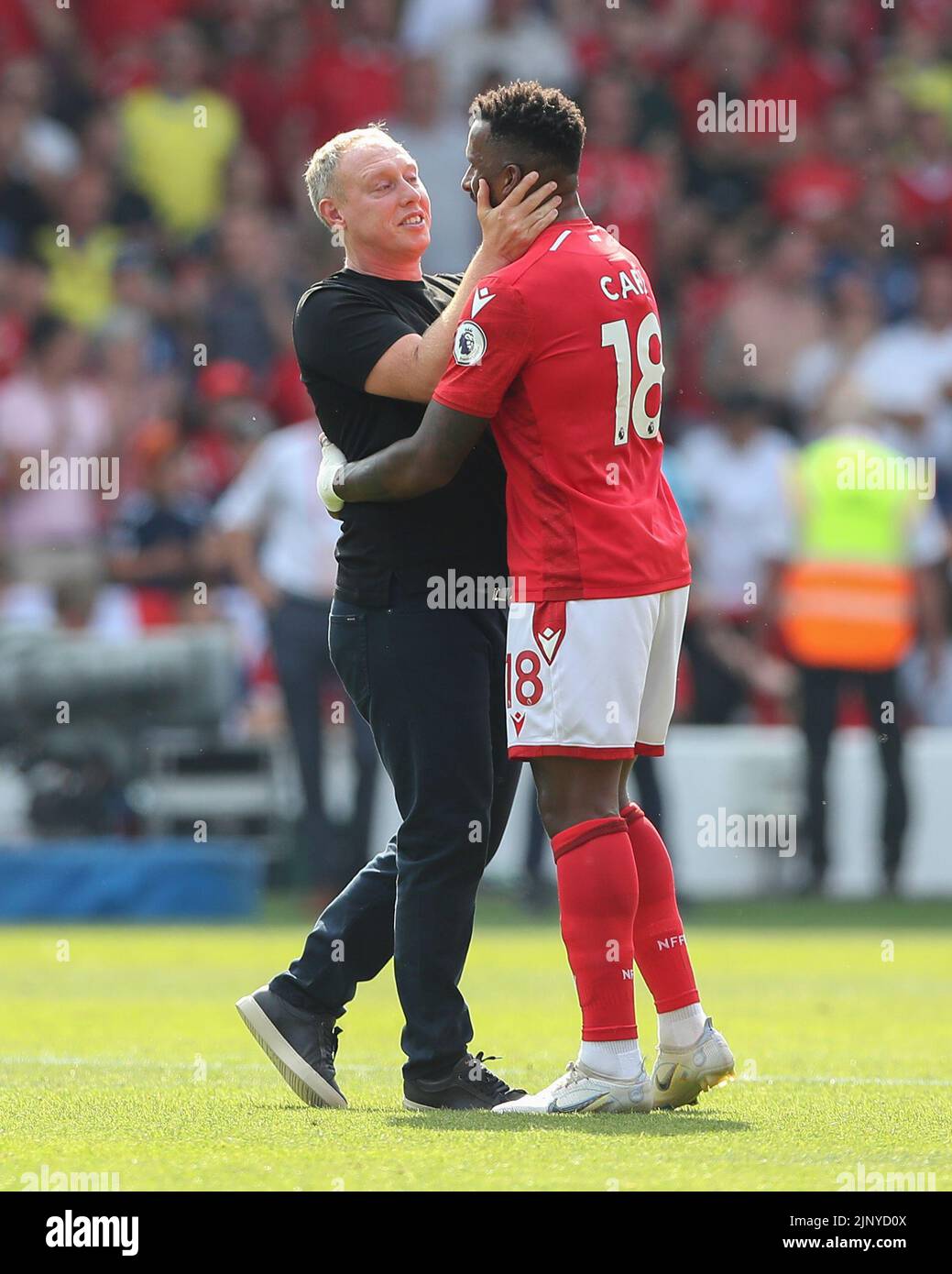 Nottingham, UK. 14th August 2022;  The City Ground, Nottingham, Nottinghamshire, England; Premier League football, Nottingham Forest versus West Ham : Nottingham Forest manager Steve Cooper and Cafu hug at the end of the match Credit: Action Plus Sports Images/Alamy Live News Stock Photo