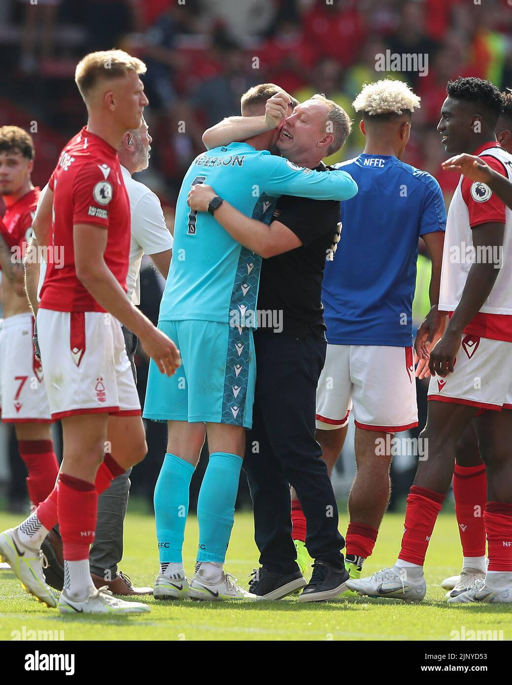 Nottingham, UK. 14th August 2022;  The City Ground, Nottingham, Nottinghamshire, England; Premier League football, Nottingham Forest versus West Ham : Nottingham Forest manager Steve Cooper and Dean Henderson hug at the end of the match Credit: Action Plus Sports Images/Alamy Live News Stock Photo