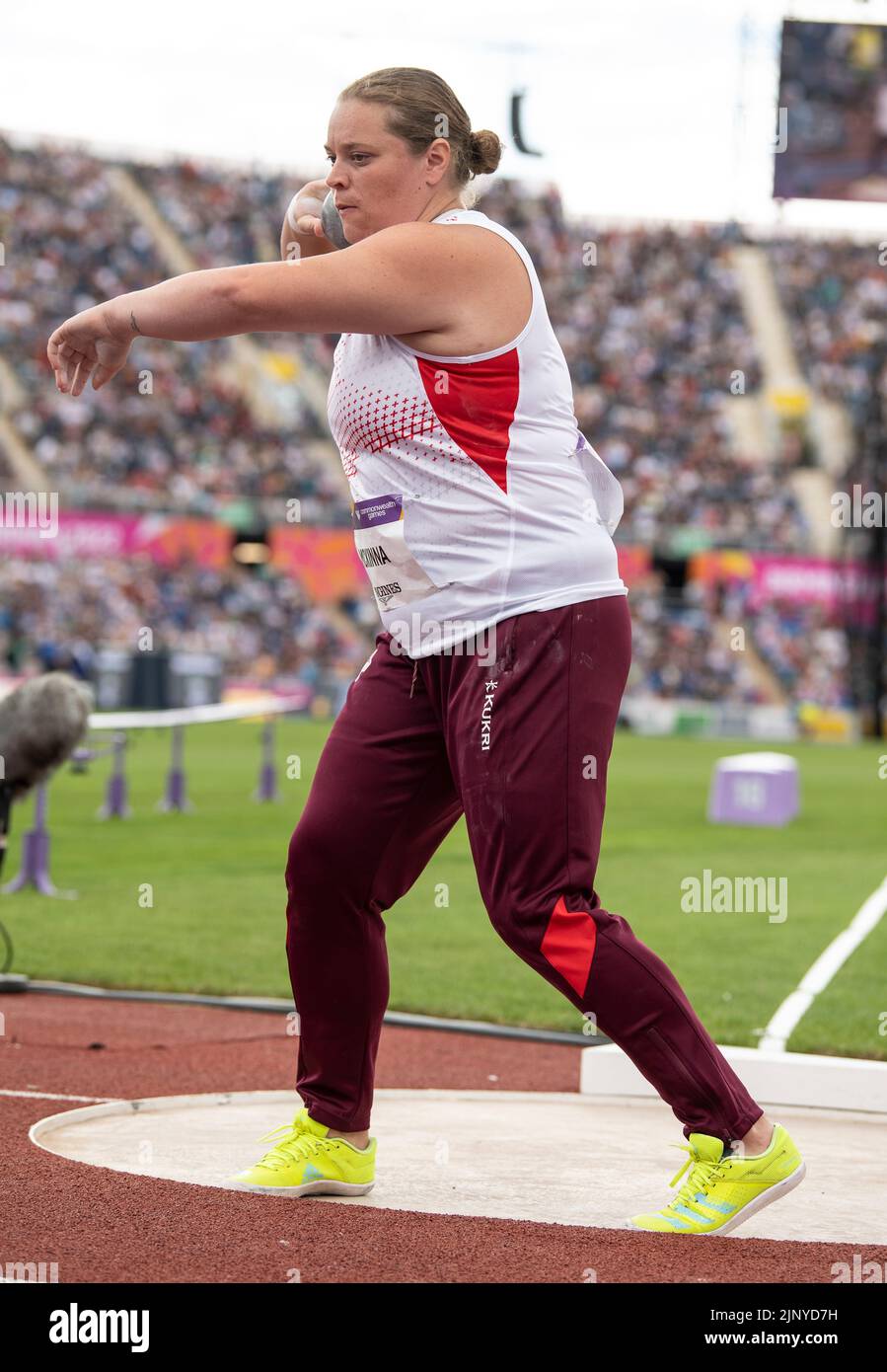 Sophie McKinna of England competing in the women’s shot put heats at