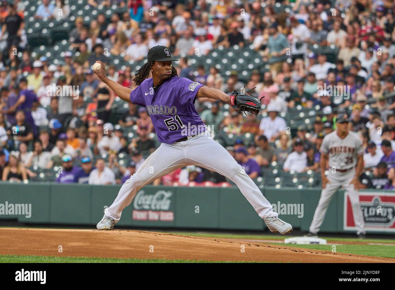 August 13 2022: Colorado pitcher Jose Urena (51) throws a pitch during the game with Arizona Diamondbacks and Colorado Rockies held at Coors Field in Denver Co. David Seelig/Cal Sport Medi Stock Photo