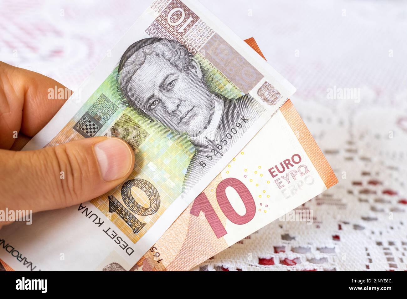 Money in hand, Croatian kuna and Euro, Concept of Croatians joining the