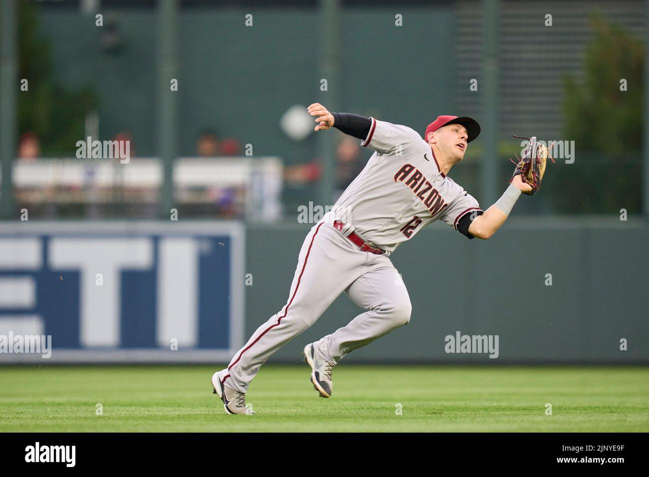 August 13 2022: Arizona right fielder Daulton Varsho (12) makes a play during the game with Arizona Diamondbacks and Colorado Rockies held at Coors Field in Denver Co. David Seelig/Cal Sport Medi Stock Photo